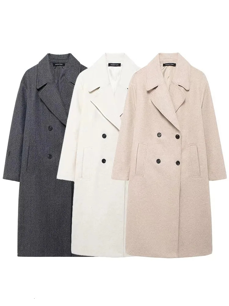 HH Autumn Women Loose Coat Lapel Double Breasted Long Sleeve Jacket Winter Warm Thick Vintage Solid Trench Outwear 261016