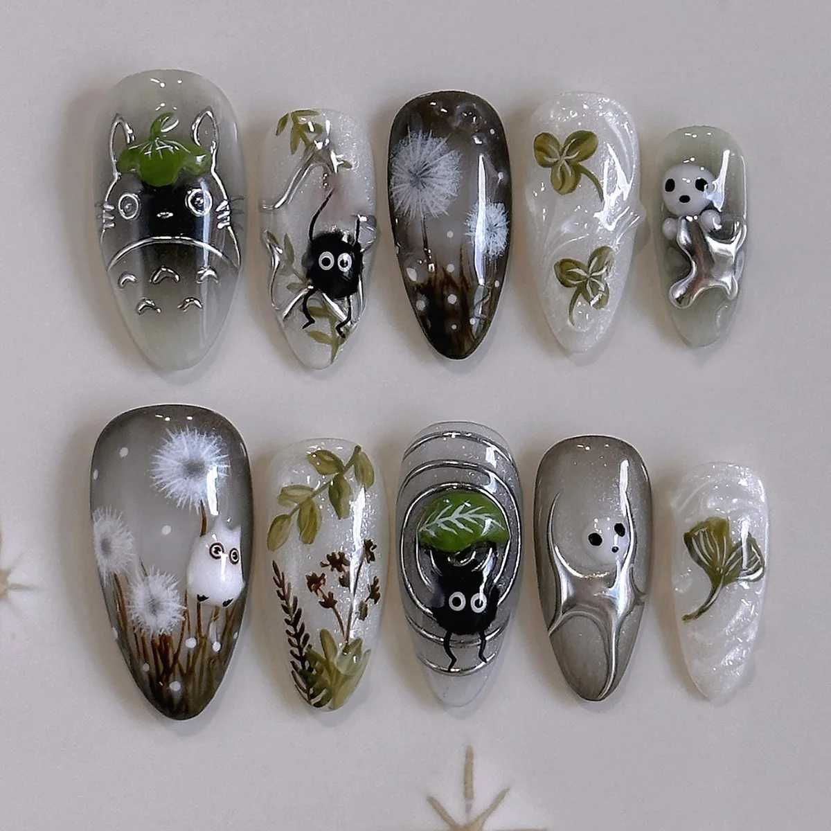 False Nails 24pcs Gradient Black False Nails Cute Cartoon Cat's Eye Forest Elf Girl Press On Nails Glossy Almond Sweet Cool Fake Nail Tips Q261