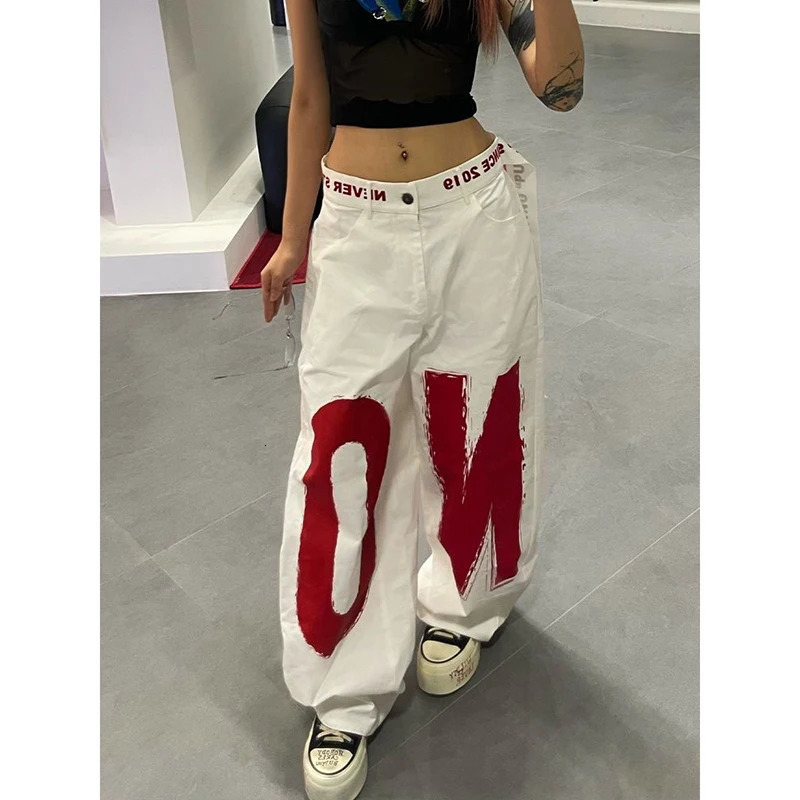 ZHIZOU Women White Letter Print Y2k Baggy Jeans 2000s Style Denim Trouser Harajuku Vintage Oversize Hip Hop Jeans Pants Autumn 261013