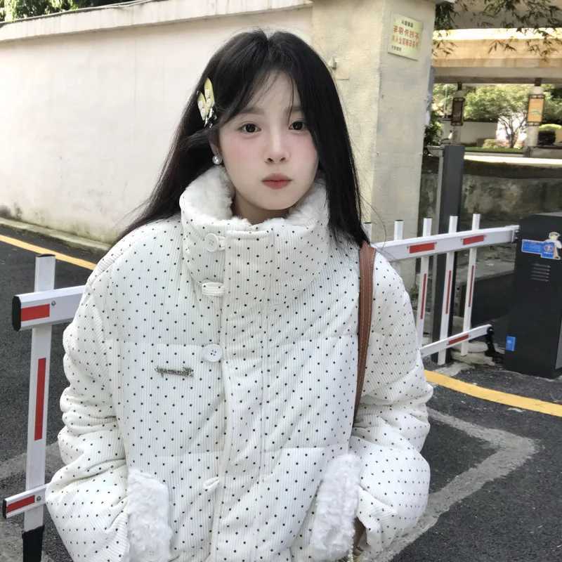 Women's Down Parkas Women's Kawaii Polka Dot Down Cotton Jacket Korean Button Patchwork Corduroy Short Parkas Y2K Stand Collar Puffer Warm