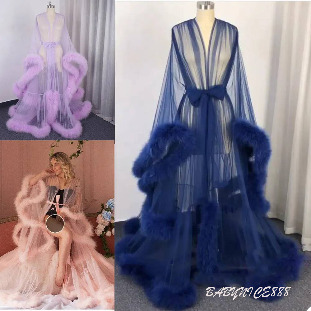 Women's Fur Robe Custom Made Soft Ruffled Long Sleeves Tulle Pajamas Dresses Maternity Sexy Party Gowns Sleepwear Bathrobes