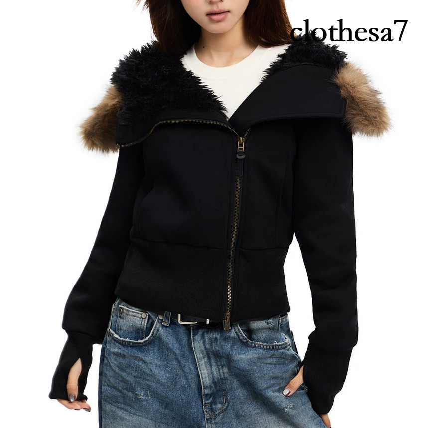 American-style, slanted-front, plush-lined, faux fur-trimmed cotton jacket, short coat, women's winter new collection, slim-fit, figure-flatter