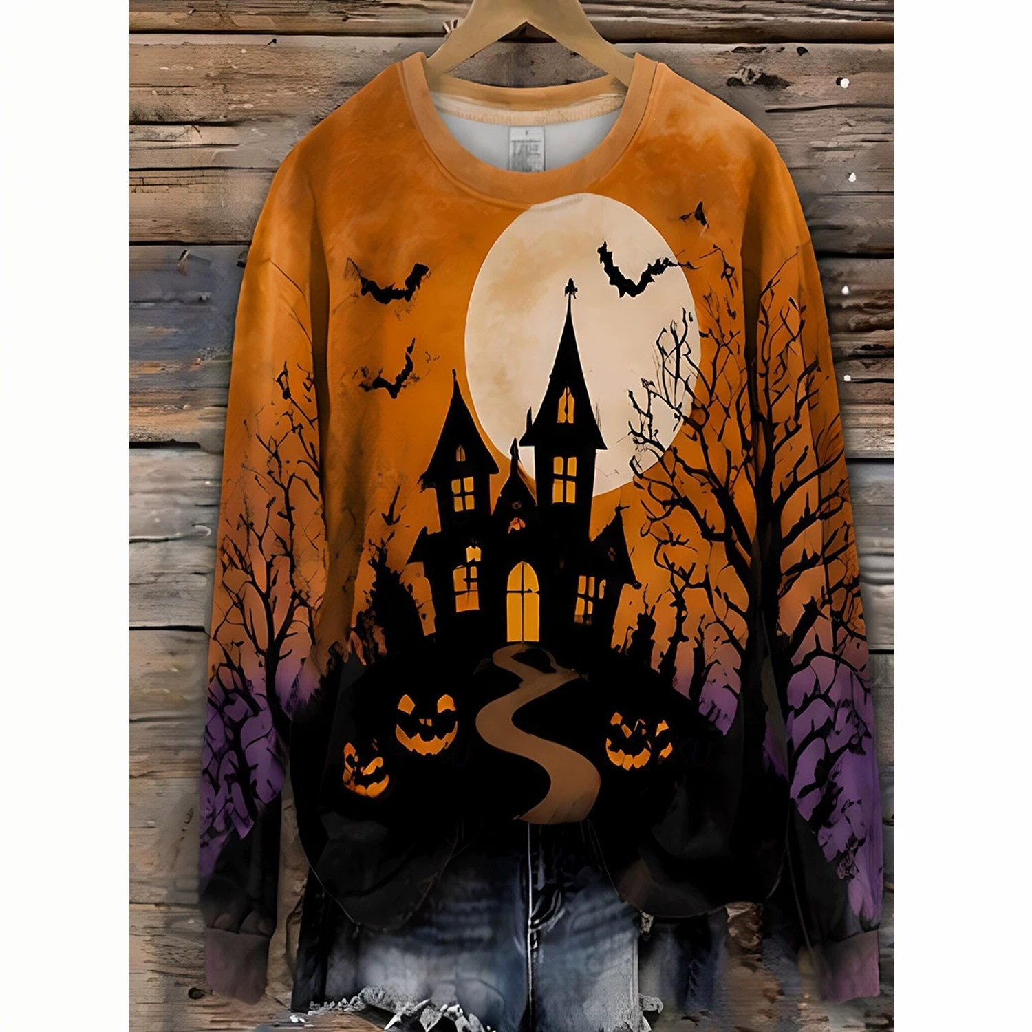2026 Halloween All-Over Print Crewneck Sweatshirt For Women, European American Style, Featuring Skull And Pumpkin Prints, Loose Fit, Casual Long Sle