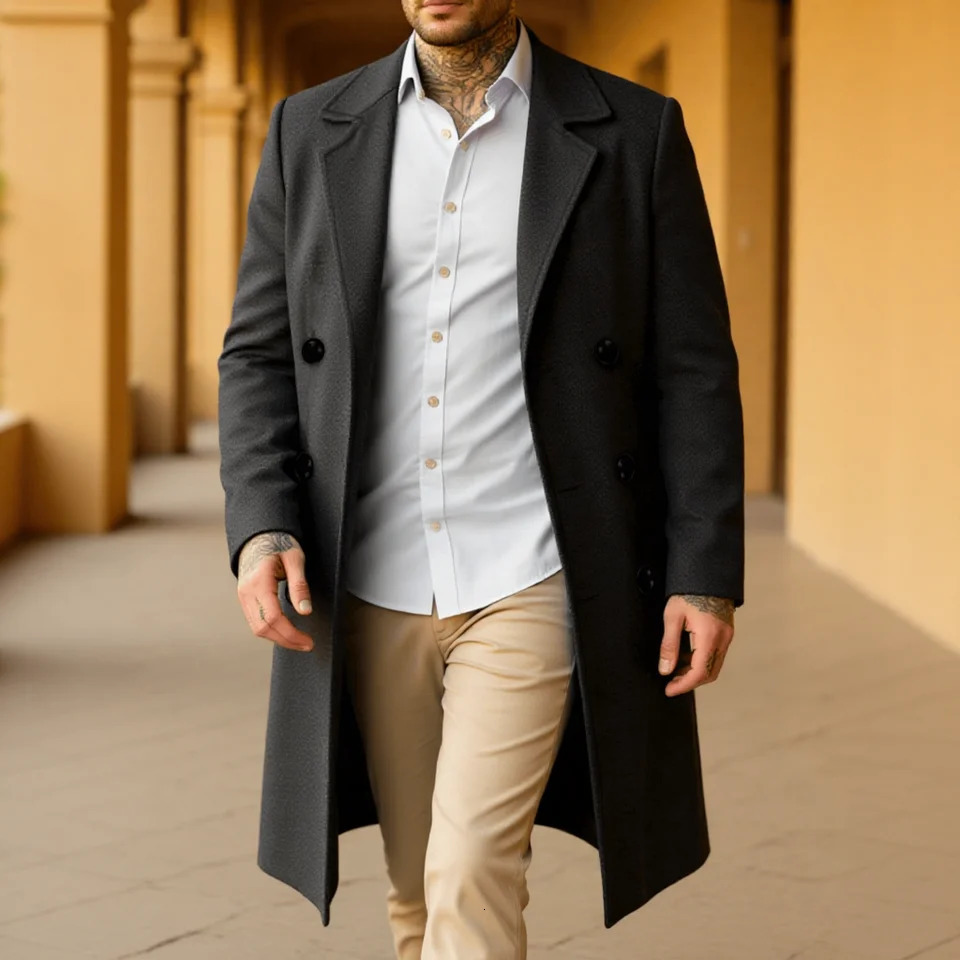 Men's Elegant Trench Coat Double Breasted Wool Blend Long Coat Warm Windproof Autumn Outerwear Solid Color Outerwear 261015