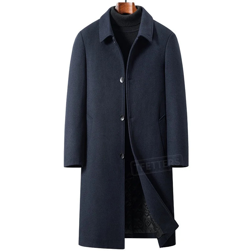 2026 Autumn Winter Elegant Men Woolen Overcoat Over Knee Long Trench Coat With Cotton Lining Thick Business Men Outerwear 261015