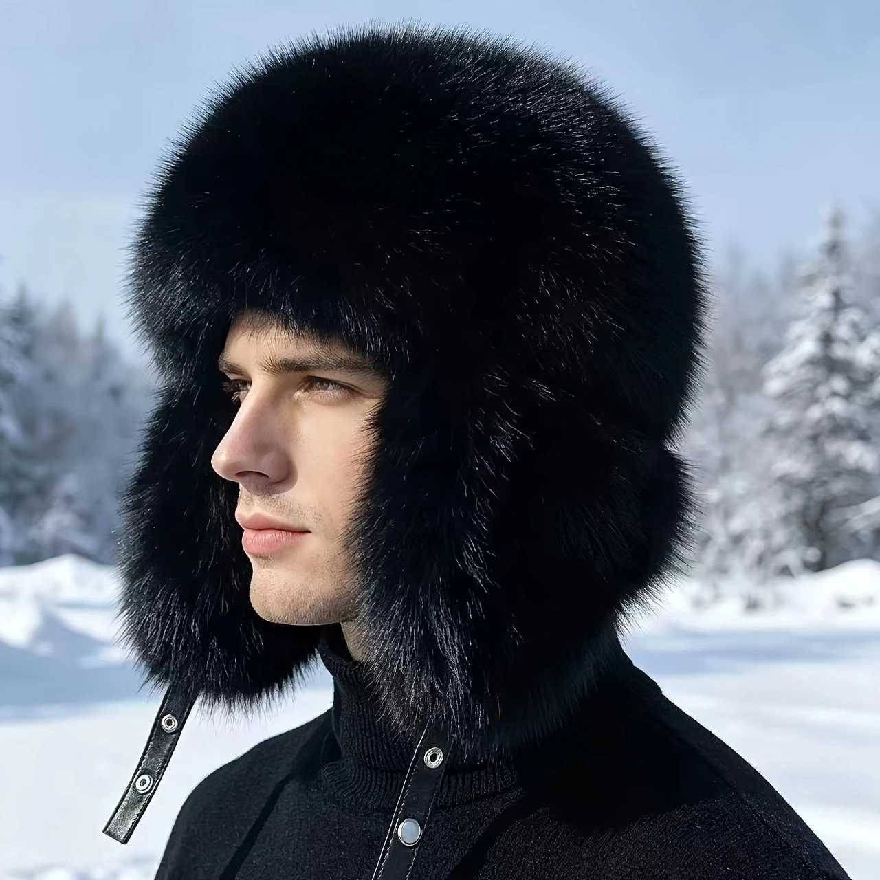Trapper Hats High-End Black Faux Fur Men's Lei Feng Hat Fashionable Winter Ear Protection Hat Luxurious Warm Plush Hat for Outdoor Snow SkiingT