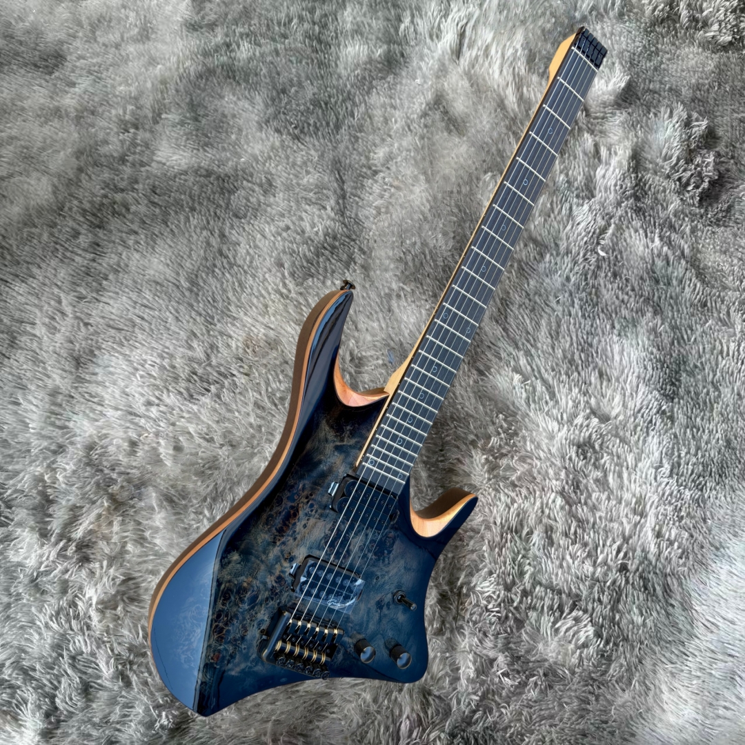 Headless 6 String Electric Guitar, Gloss Dark Blue Burl Wood Top, Dual High Output Humbuckers, Ergonomic Offset Body, Maple Neck, Black Fretboard