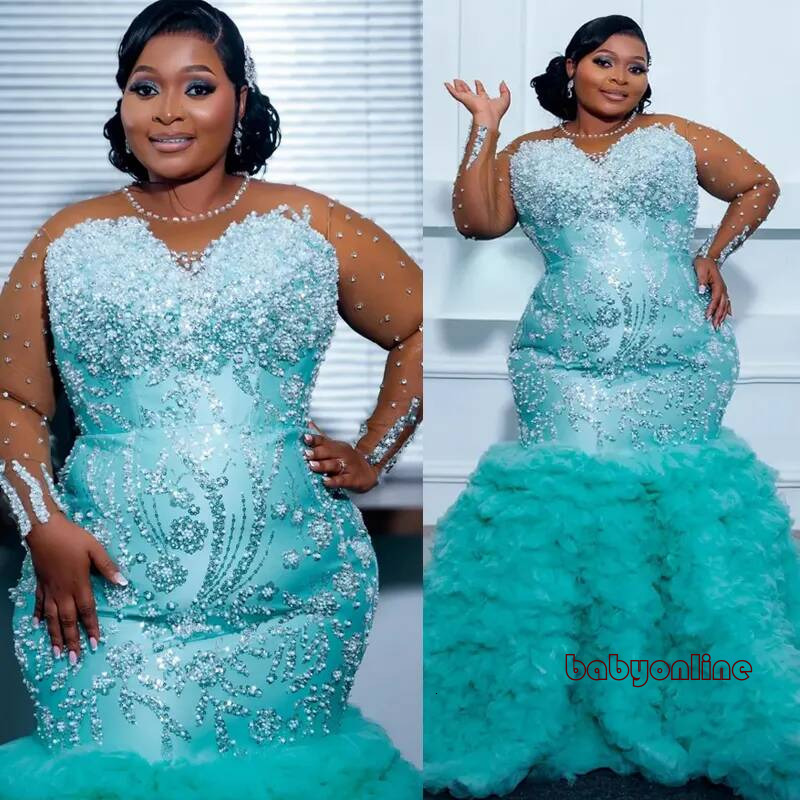 Plus Size Mint Mermaid Formal Evening Prom Dresses For Special Occasions Sheer Neck Crystals Beaded Tiers Birthday Dress Reception Gowns Am3363