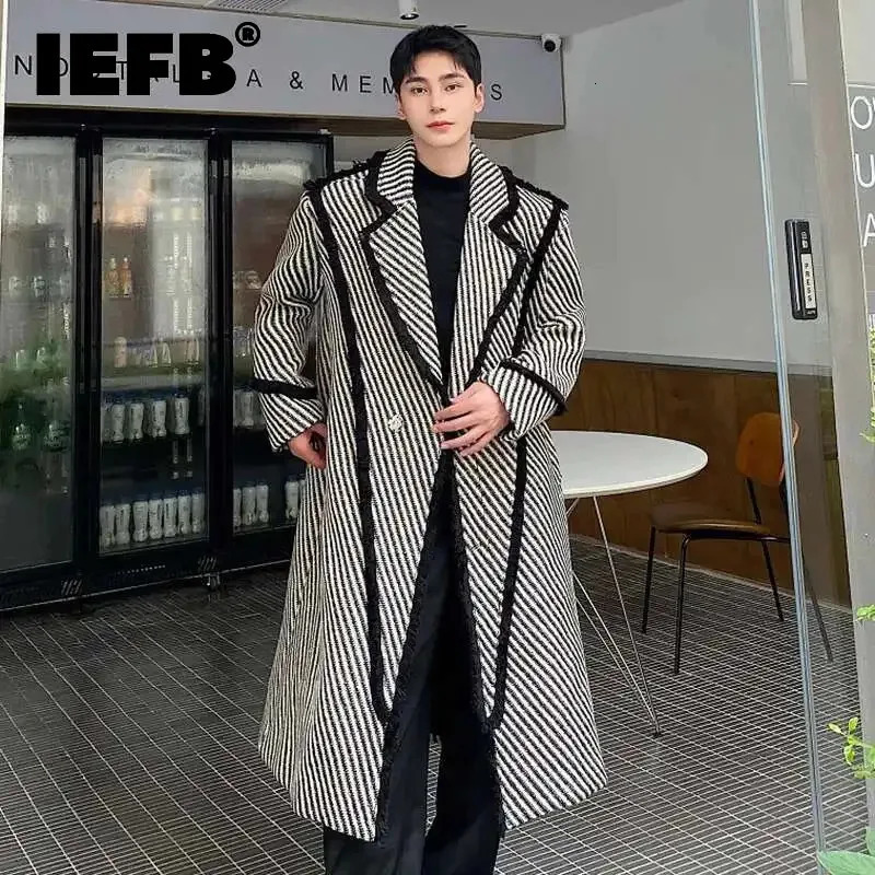 IEFB Winter Men's Woolen Long Coat Thickened Weave Twill Lapel Wool OverCoat Korean Style Windbreaker Trend Autumn 9C3302 261015