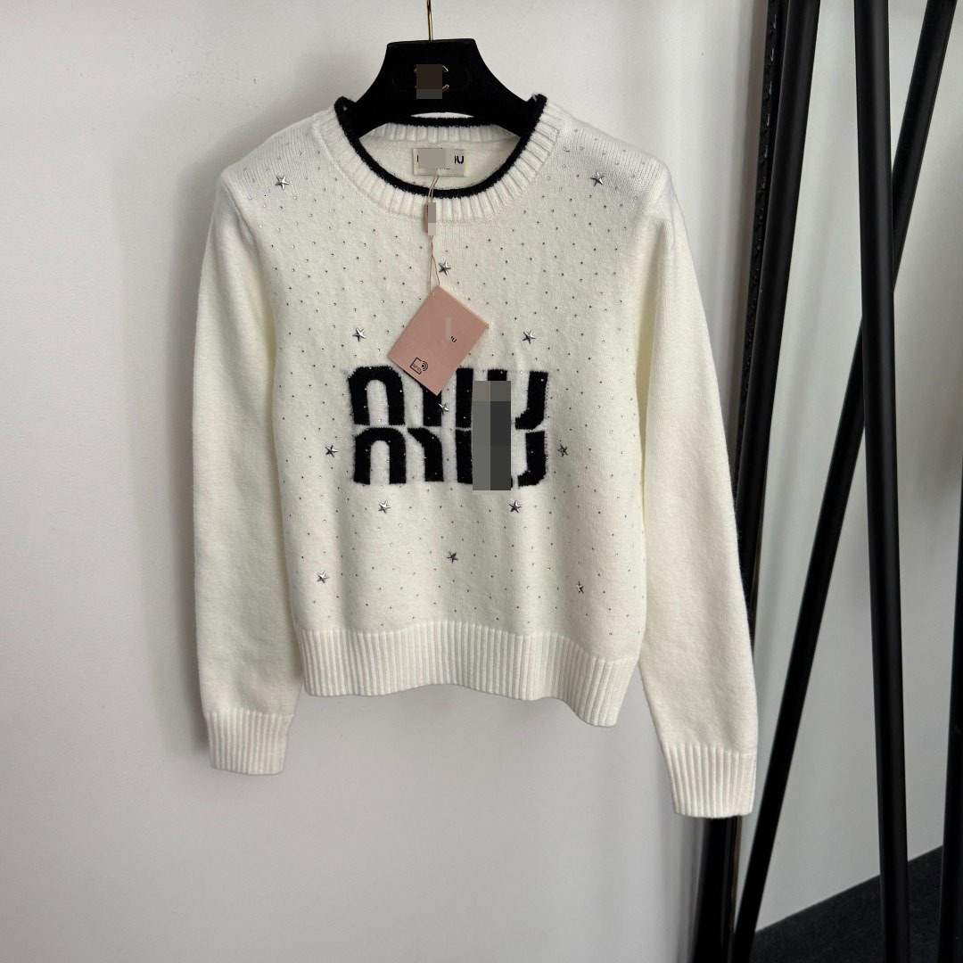 Designer High-End Elegant Autumn Letter Five-Pointed Star Rhinestone Pullover Long Sleeve Knitted Sweater 5d3d