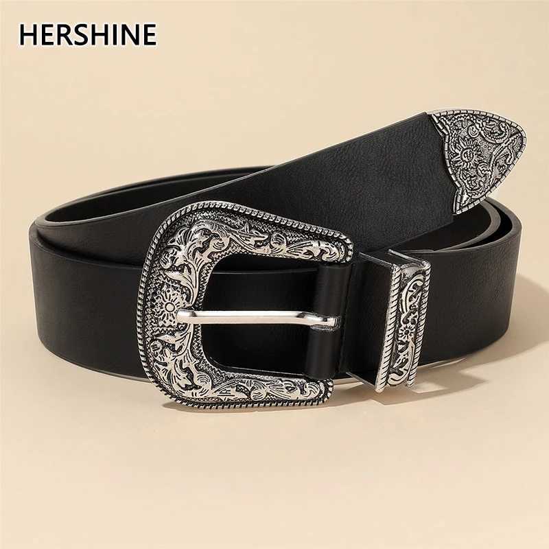Women's vintage silver floral buckle black leather belt unisex bohemian style perfect for pairing with jeansspringsummer S261017IZTO
