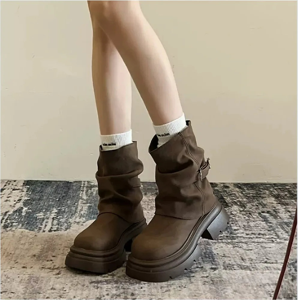 Autumn Winter Slouchy Tube Short Boots Maillard Brown Platform Round Toe Thick Sole Retro Casual Fashion For Girls Shoes 261013