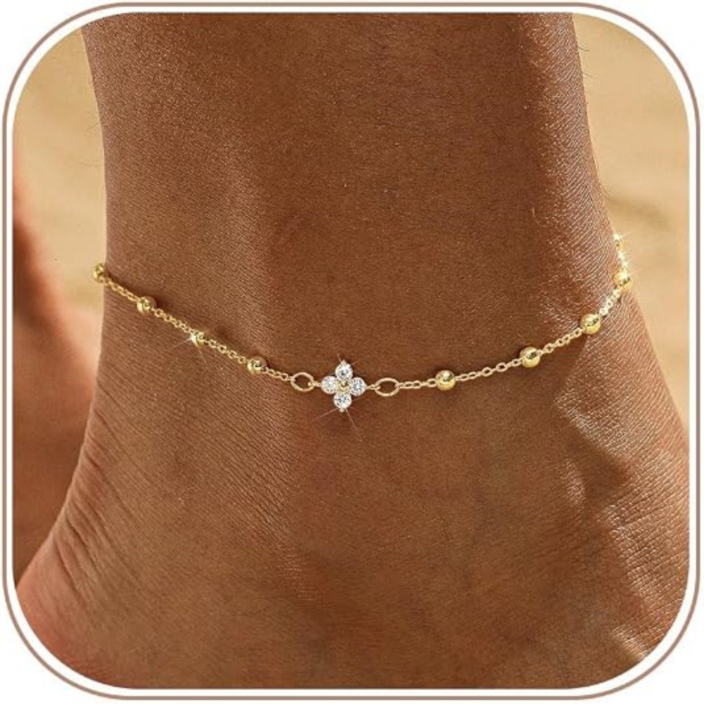 VITAJEW K Gold Plated Four Leaf Clover Zircon For Women Fashion Waterproof Bead Chain Adjustable Anklet Summer Beach Jewelry