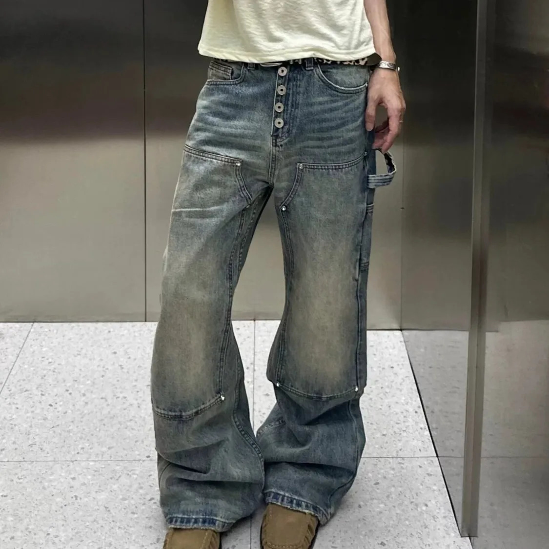 Mens Tapered Straight Leg Jeans Man Spring Autumn Washed Vintage Spliced American Street Style Trendy Casual Trousers 261017