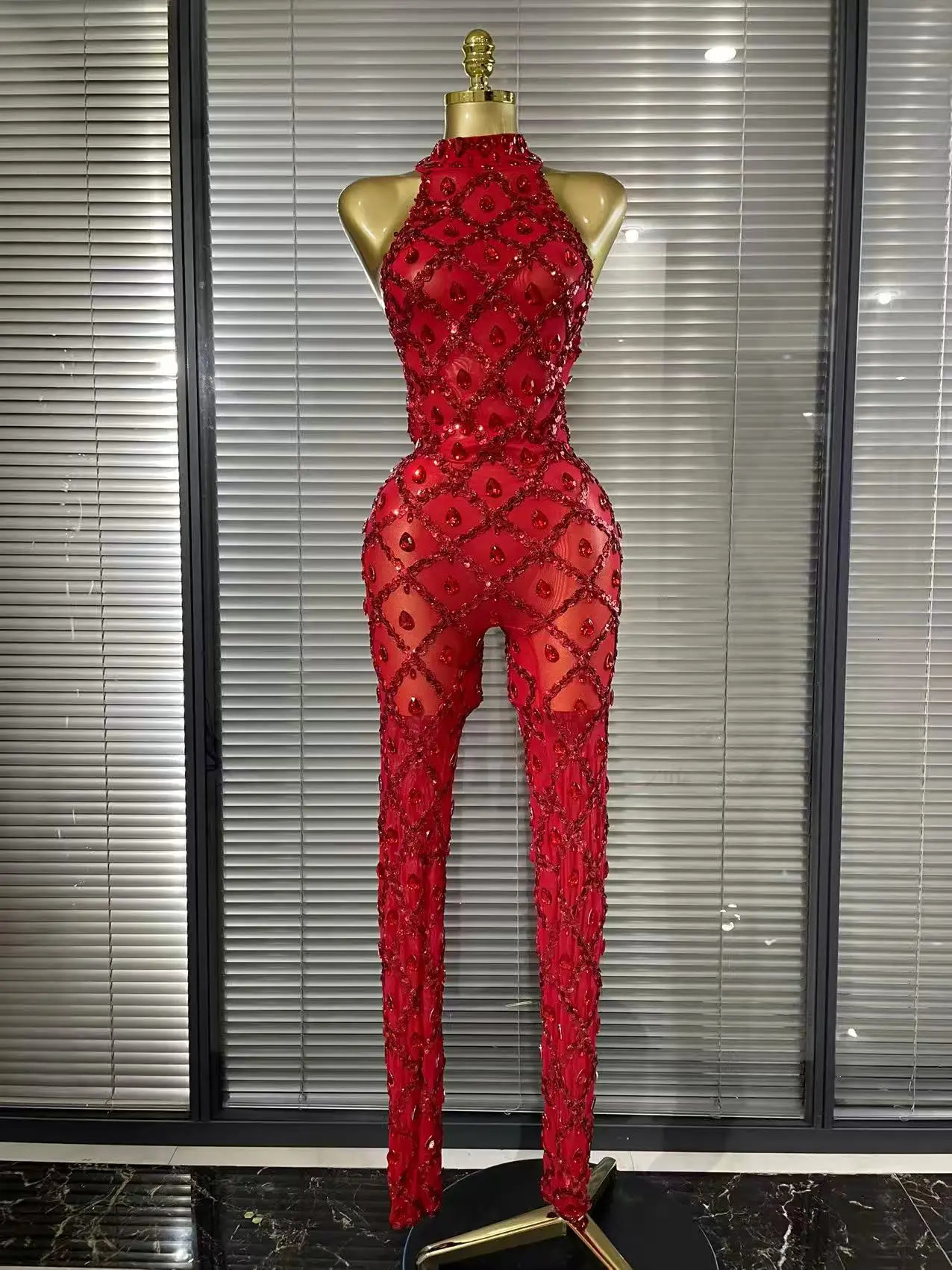 Red Color Women Sleeveless Sexy Mesh See Through Sparkly Crystal Bodycon Jumpsuit Celebrate Birthday Party Po Shoot Wear 261015