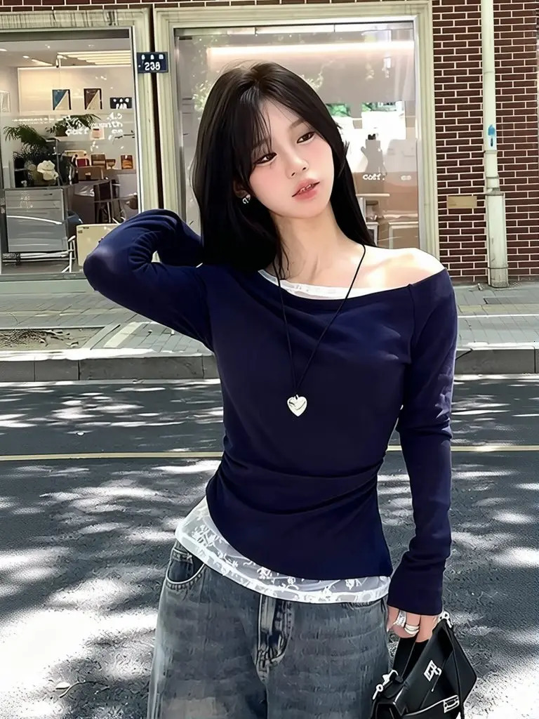 Coquette Lace Layered One Shoulder T Shirt Women Two-piece Off Shoulder Top Patchwork Long Sleeve Basic Tees Fall Spring 261014