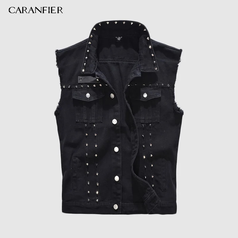CARANFIER 5XL Denim Vest Men's Punk Rock Style Rivet Cowboy Black Jeans Waistcoat Male Motorcycle Jacket Sleeveless Jean Coat 261015