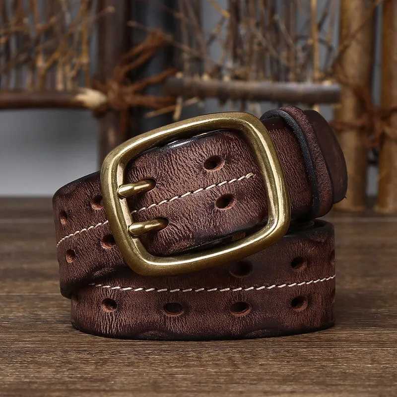 Vintage Men's 3.8cm Wide Double Breasted Belt 100% Cowhide Double Prong Buckle Handmade Heavy Duty Belt Fashion Jeans Belt Brown S261017Y8UO