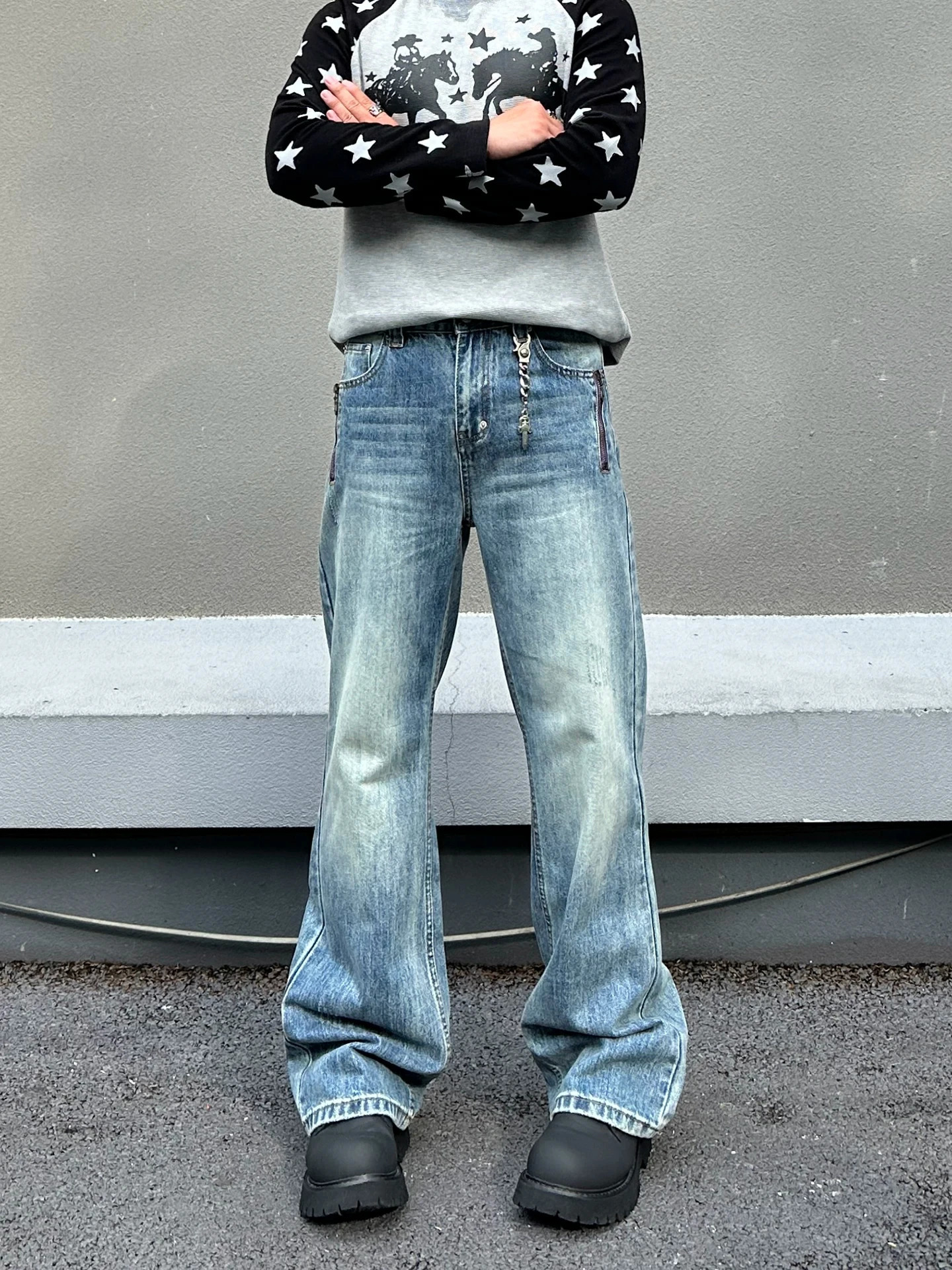 Cleanfit American Style Washed Double Zipper Loose Straight Leg Jeans for Men Trendy Casual High Waist Denim Pants 261016