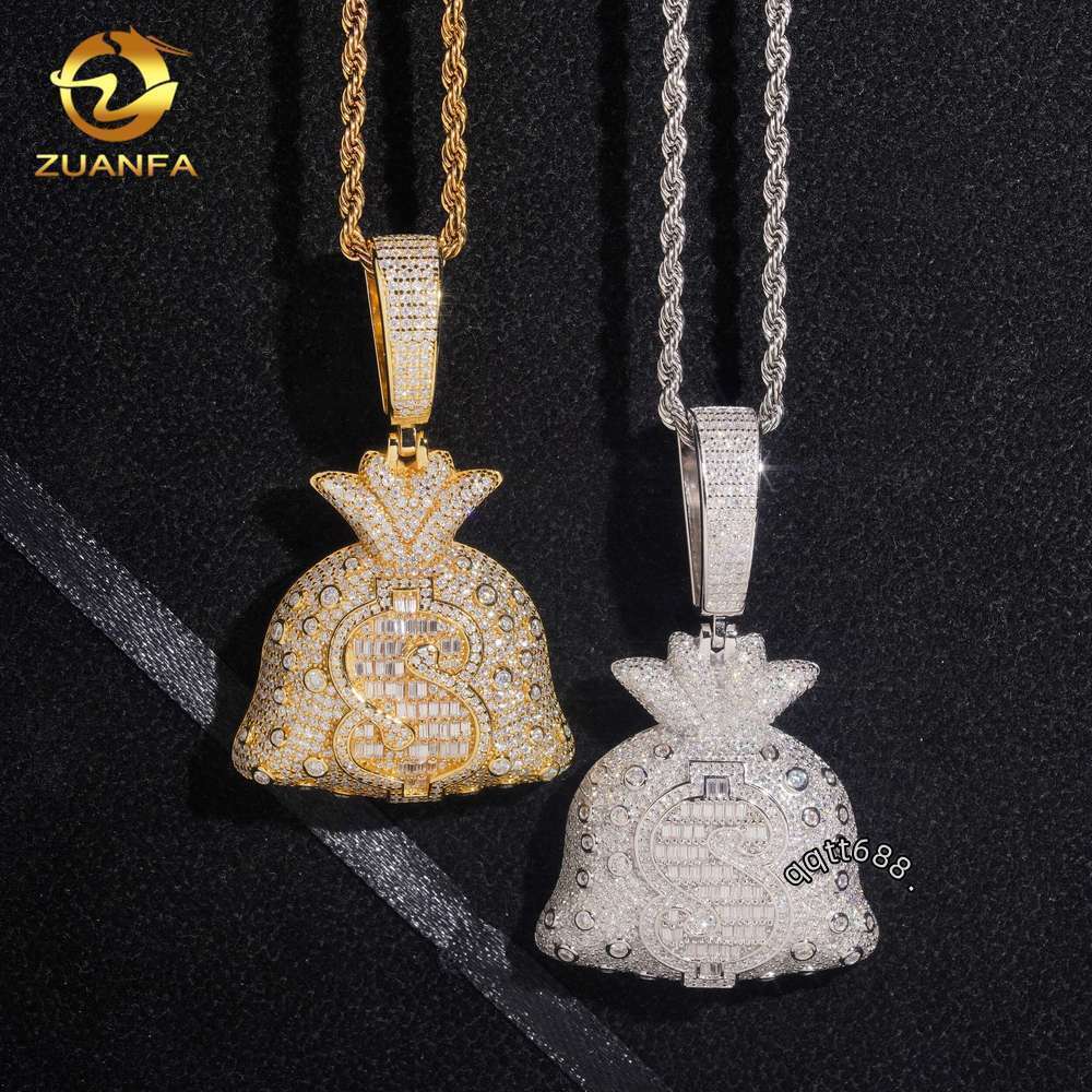 925 Silver Lucky Money Bag Moisssanite Pendant Hip Hop Jewelry Iced Out Pendant Charm Free Rope Chain Pass Diamond Tester