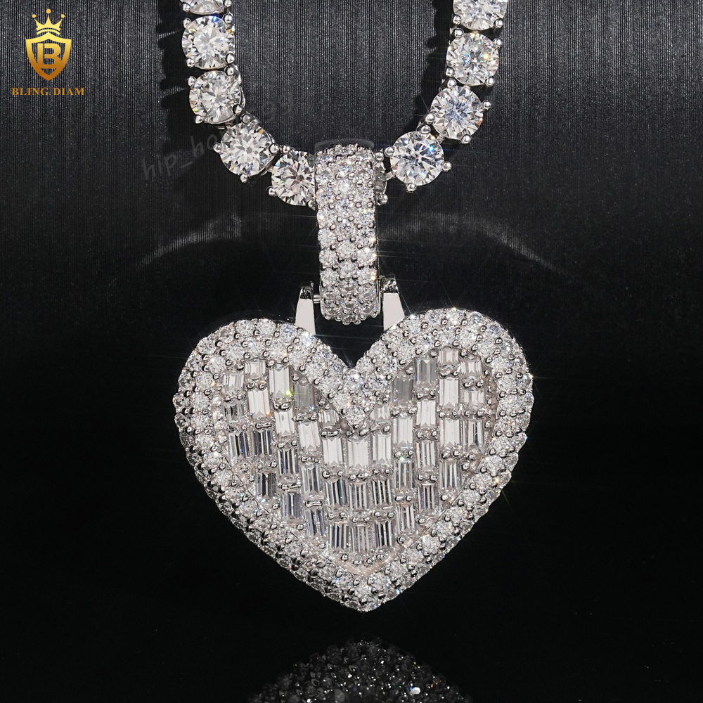 Factory Wholesale 925 Silver Heart Shape Baguette Moissanite Pendant Hip Hop Jewelry Iced Out Moissanite Charms Pendant