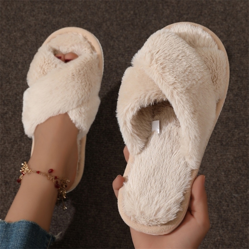 Cross Warm Fluffy Furry Slippers Women Lightweight Flat Heels Fur Slides Woman Autumn Winter Open Toe Home Floor Shoes 261016