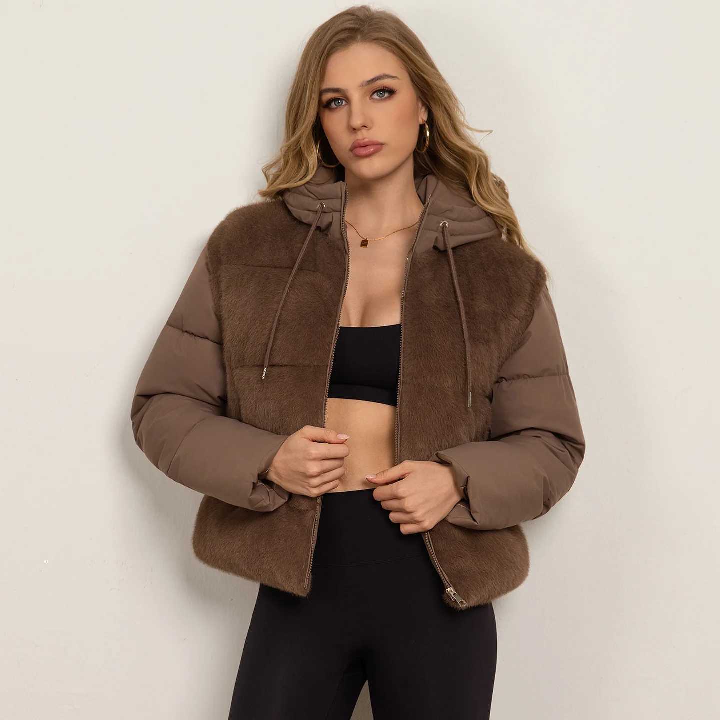 Women's Down Parkas Trendy Street Style Women's Faux Fur Spliced Hooded Short Padded Cotton Jacket Zip Up Loose Warm Winter Coat Outerwear