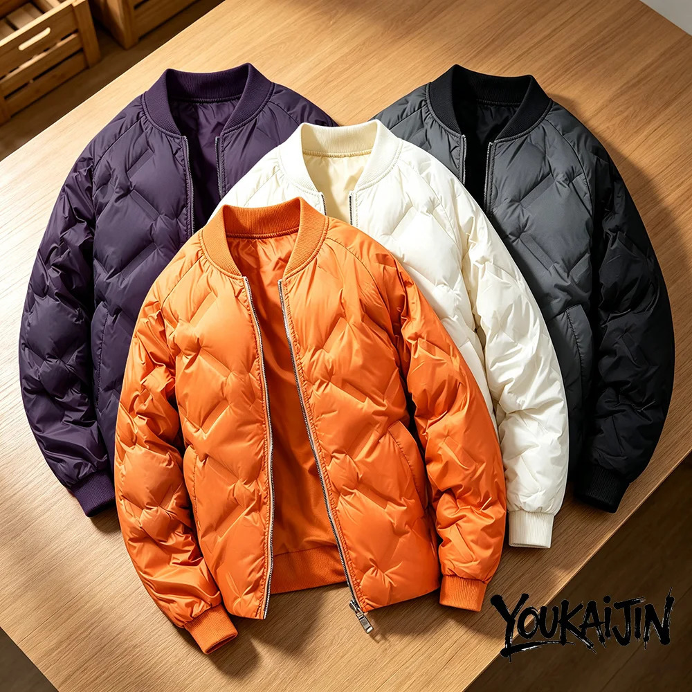 Mens Korean Style Orange Padded Jacket Winter Lightweight Baseball Collar Warm Zipup Casual Outerwear for Male 261017