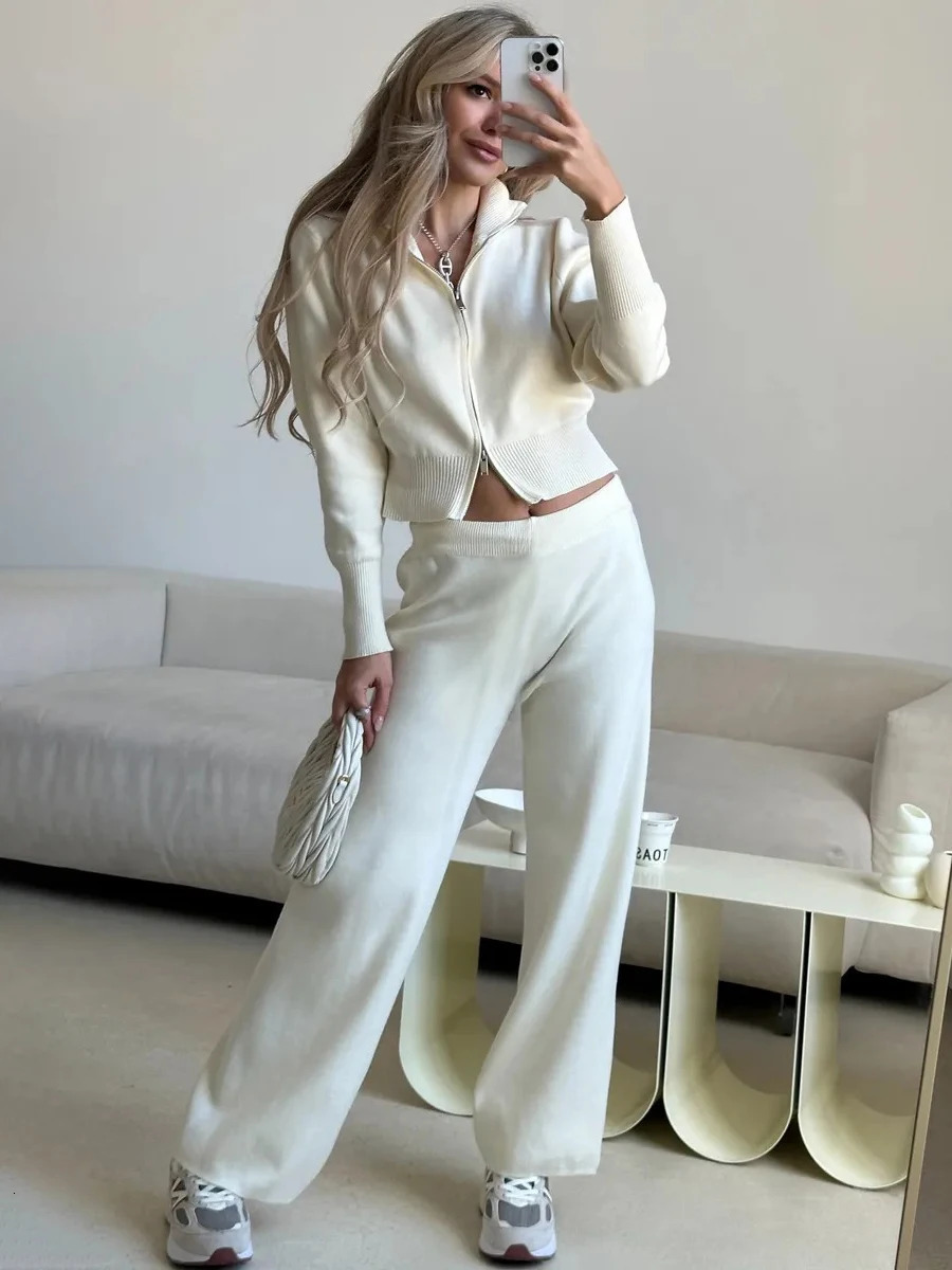 Bornladies Women's Knit Zip Up Cardigan Wide Leg Pants Set Soft Fabric Cropped Elastic Waist Autumn Winter Fashion Sweater 261016