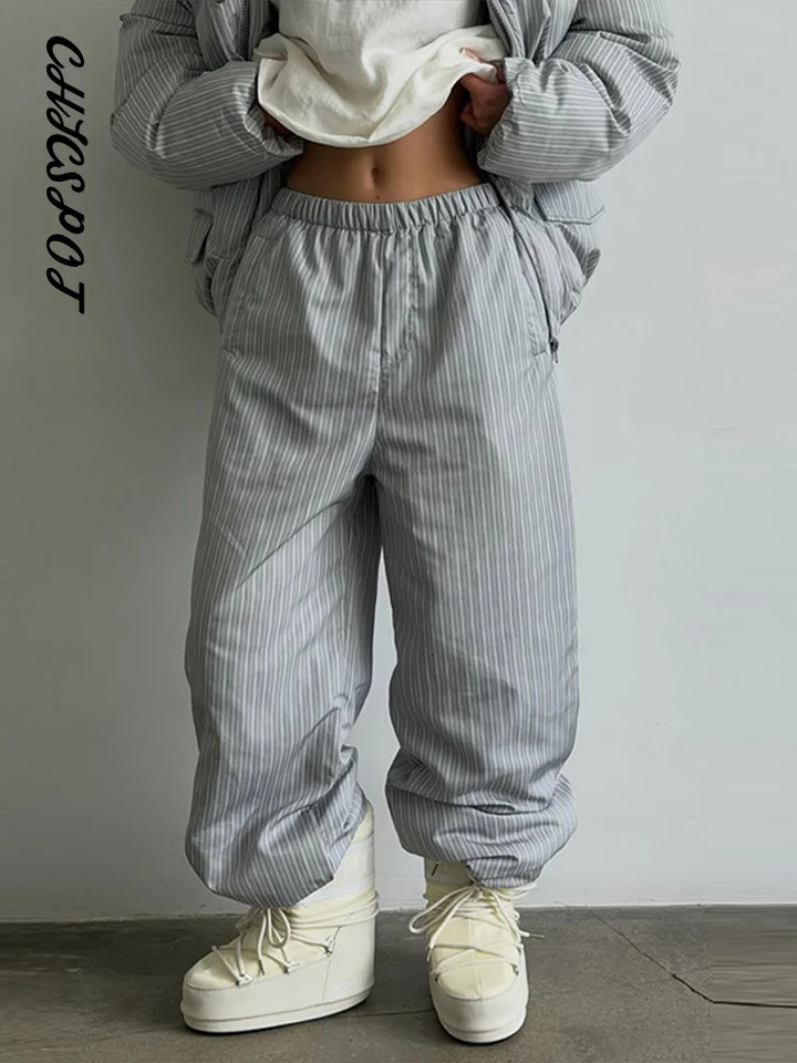 Womens Pants Sets Striped Hooded Long Sleeve Oversized Padded Jackets Lantern Trousers Street Female Panelled Winter Outfit 261016