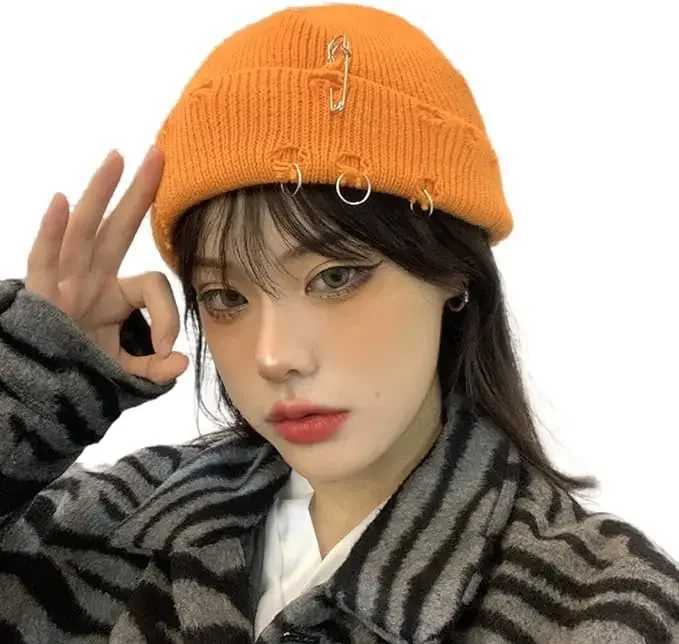 Beanie/Skull Caps Y2K Gothic Beanie Winter Knit Hat for Women Girls Trendy Metal Ring Pin Hip Hop Streetwear Harajuku Skull CapT261017
