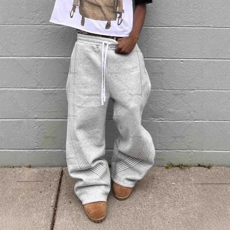 Men's Gray Side Striped Sweatpants Y2K Retro Loose Fit Drawstring Waist Wide Leg Pants Streetwear Casual Joggers Trousers S2610160735