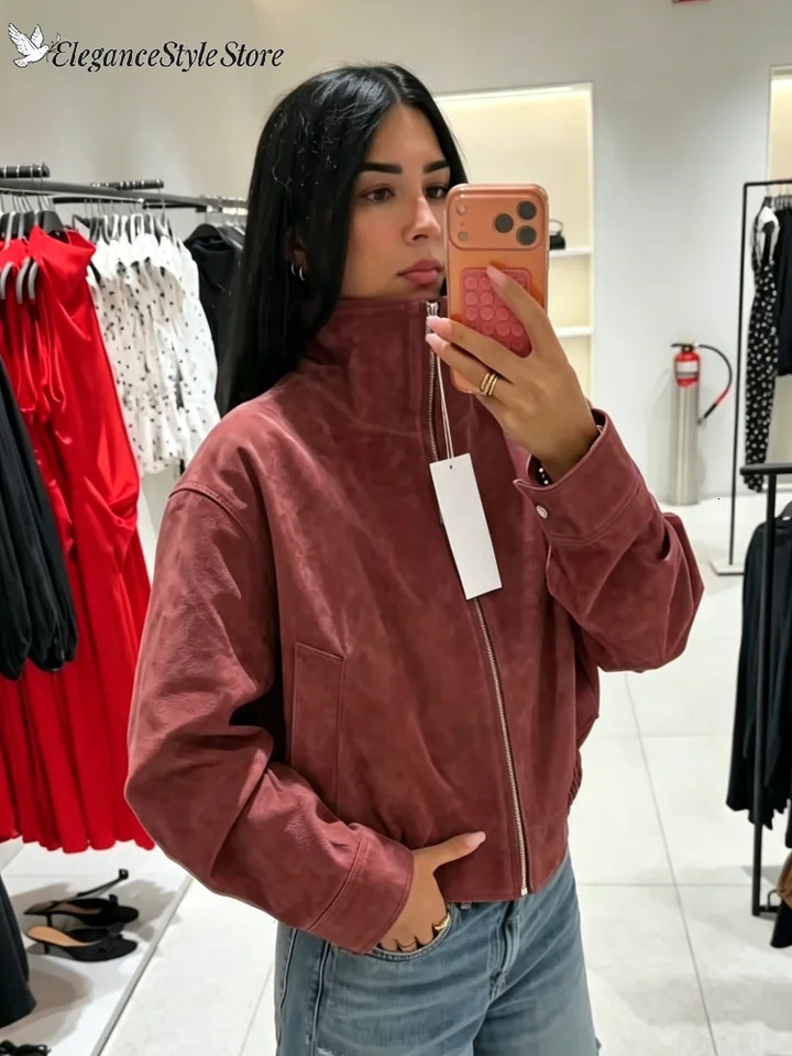Vintage Suede Jackets Women's Loose Full Sleeves Zipper Pockets Stand Collar Coats 2026 Ladies Autumn Solid Streetwear 261015