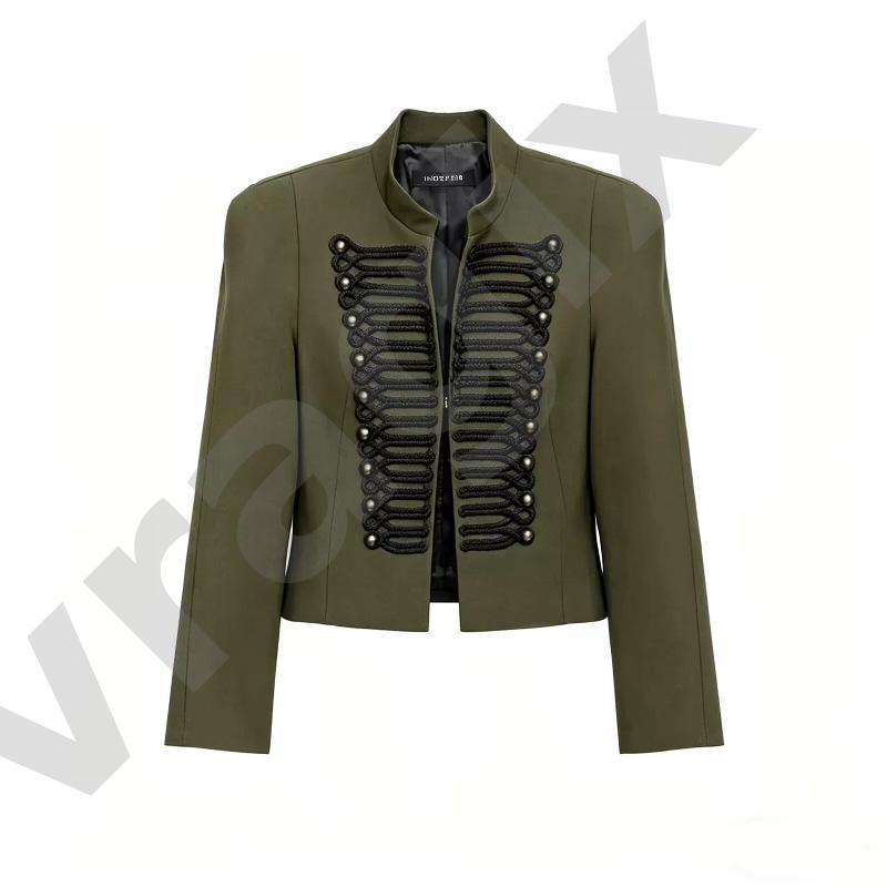 Veste courte militaire à col montant pour femme, corde tressée et décor de perles métalliques, ouverte sur le devant, manches longues, sur mesure
