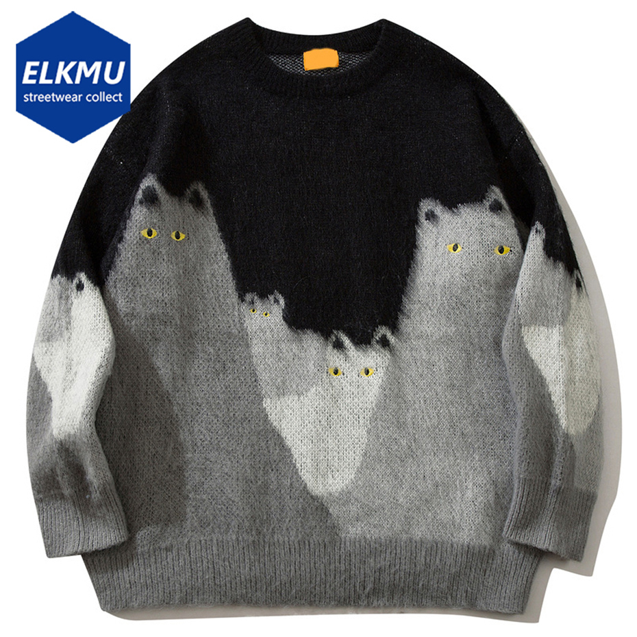 Cat Graphic Knitted Sweater Men Oversized Streetwear Hip Hop Pullover Black Loose Casual Sweaters Jumper 26Y1017