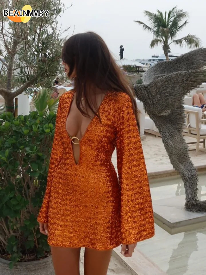 Women Sexy Sequined Deep V-neck Dress Fashion Solid Chic Long Sleeve Loose Short Skirt Autumn Lady Evening Party Dresses 261016