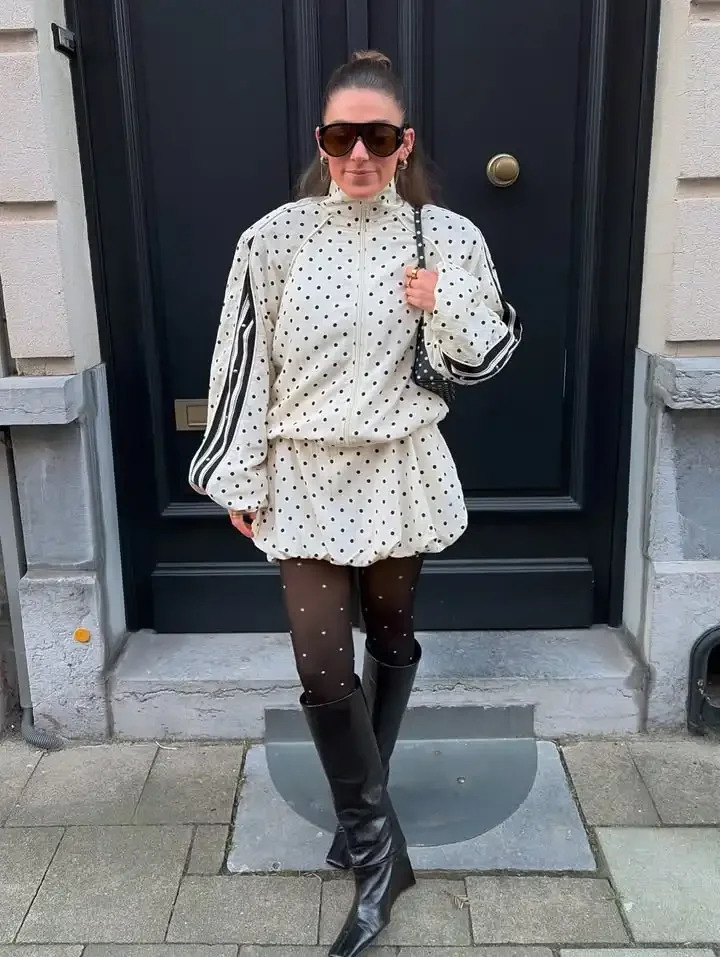 black Polka Dot Printed Jacket bud hem Skirt Set Women Long Sleeves Zipper Pocket Coat mini skirt Sets 2026 Summer Casual Outfit 261016