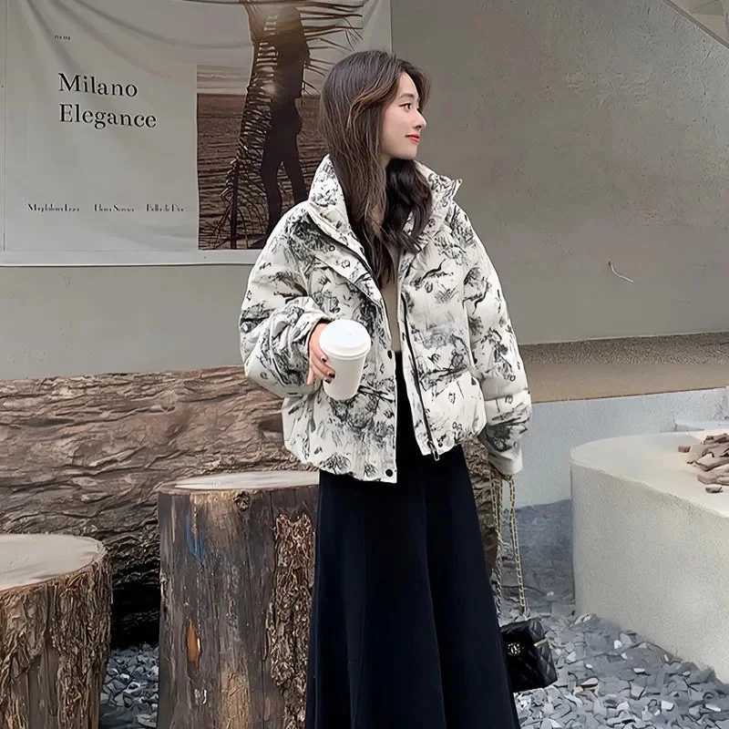 Women's Down Parkas Winter Fashion Women's Thick Warm Parkas Style Jacquard Padded Coat 2025 New Female Zipper Down Cotton JacketT261017