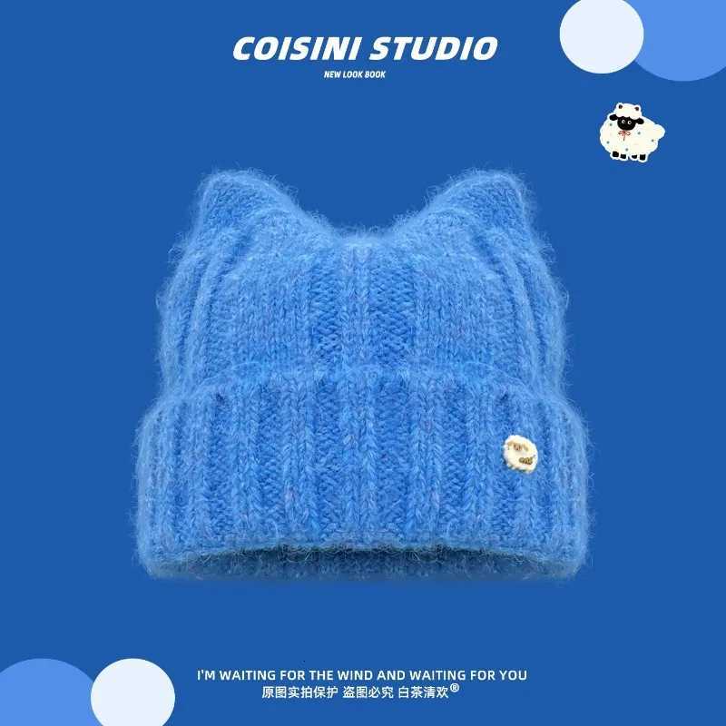 Beanie/Skull Caps Women Cute Cat Ears Knit Beanie Fuzzy Fluffy Warm Skullcap Soft Plush Winter Hat for Girls Streetwear Y2K Fashion Knitted CapT2610