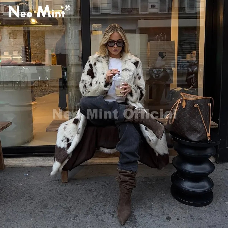 Neo Mint Fashion Cow Print Long Faux Fur Coat Jacket Women Winter Thick Warm Outerwear Fluffy Overcoat 261016