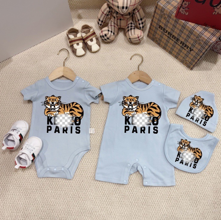 Baby jumpsuit three piece set summer short sleeved pure cotton tiger pattern baby crawling suit boys and girls set trendy