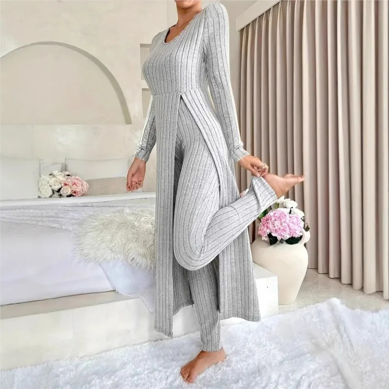 Autumn Winter Home Casual Womens Suit Fashionable Solid Color Round Collar Super Long Slit Top Slim Trousers Twopiece Set 261016