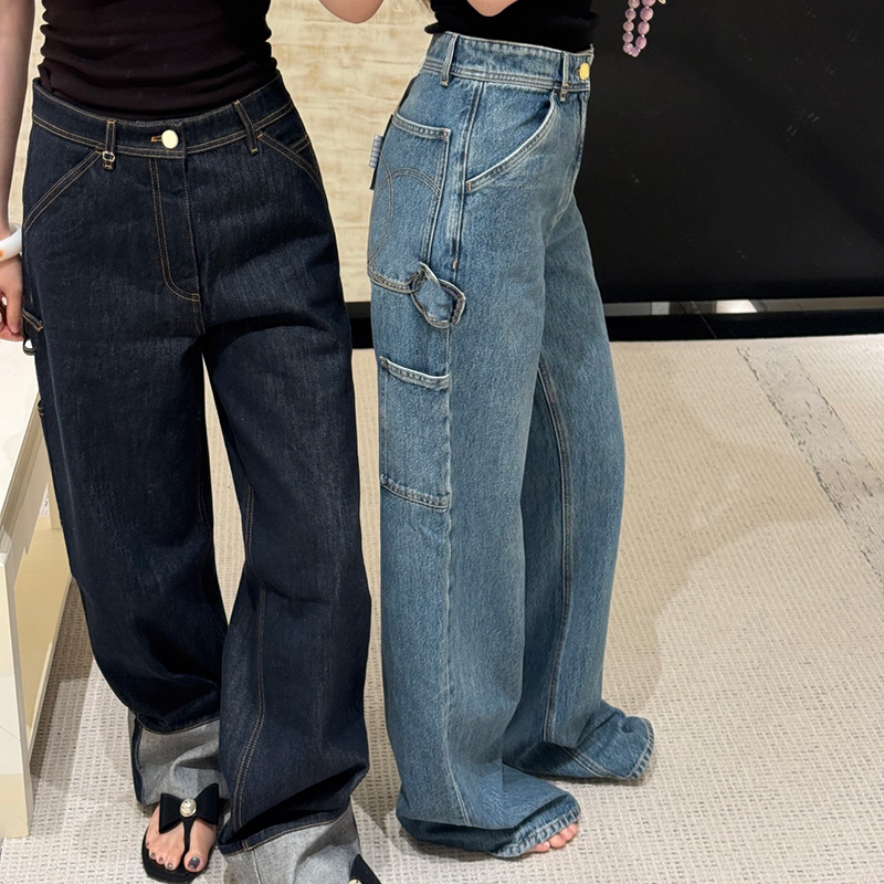 Chic Women Vintage Denim Pants High Waist Cargo Wide Leg Jeans Spring Autumn Casual Outing Street Trousers