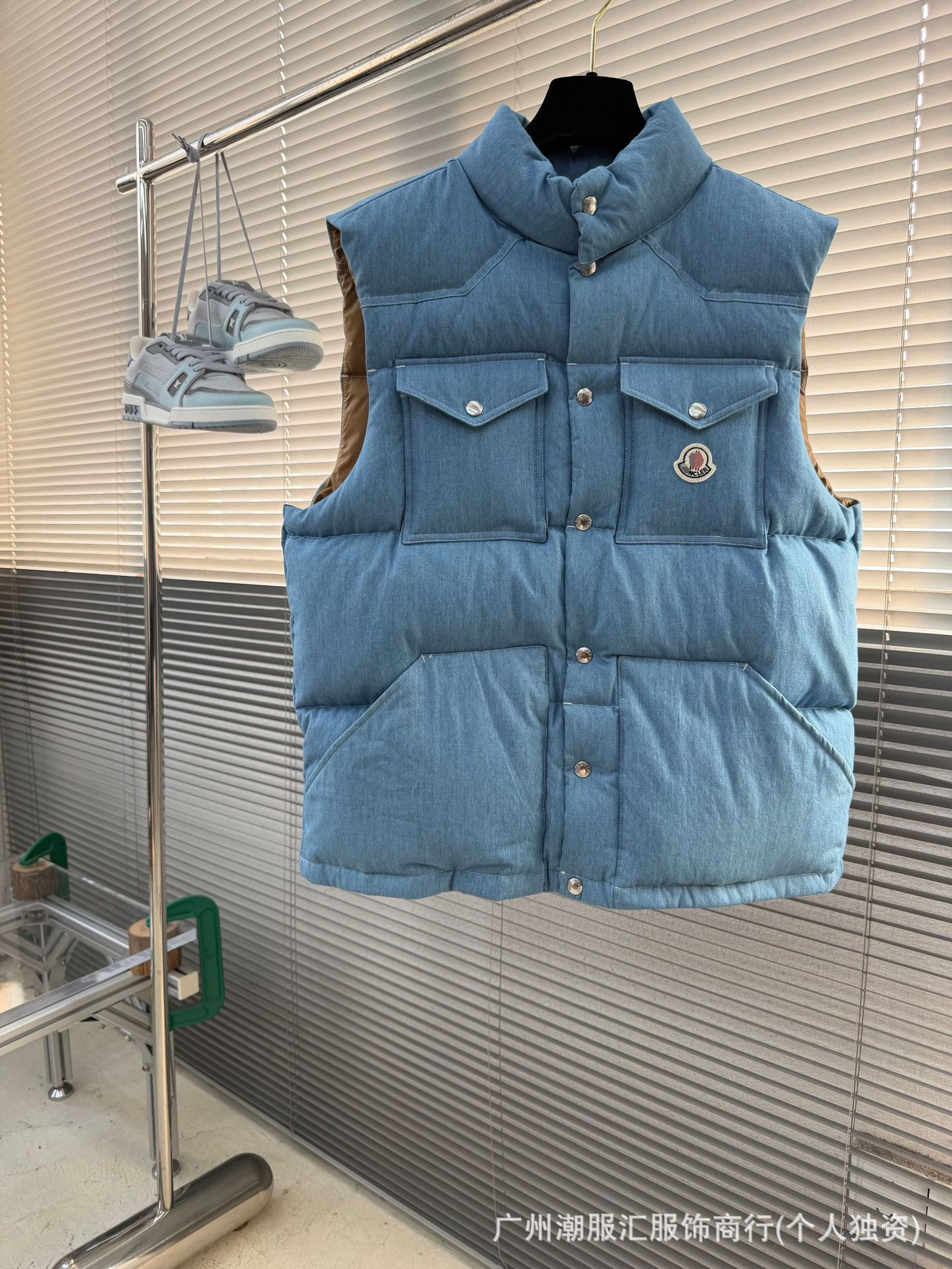 Light luxury M brand men's autumn winter denim stand-up collar down vest with multiple pockets, arm patches, and buttons for warmth