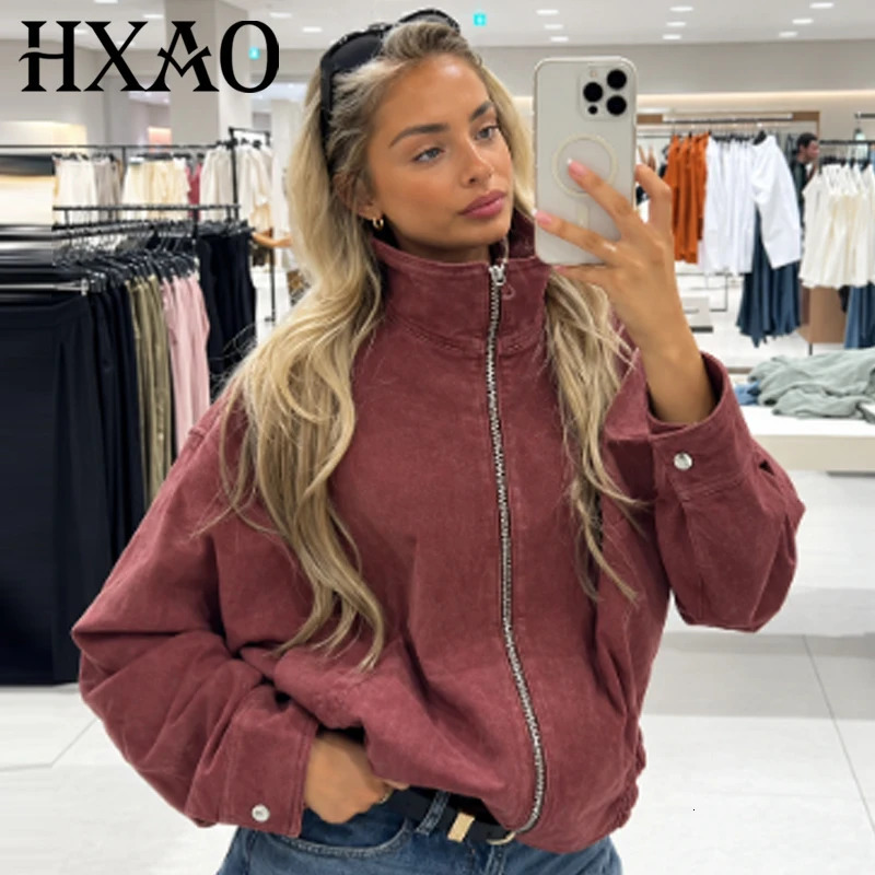HXAO Faux Suede Burgundy Jacket Women's Bomber Jacket Autumn Casual Oversized Zip Up Stand Collar Long Sleeve Top Chic Outerwear 261016