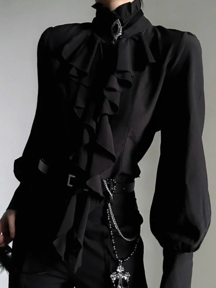 Harajuku Vintage Black Bottoming Shirt Women Stand Collar Ruffles Slim Blouses Japanese Victorian Long Sleeve Blusas De Mujer 261015