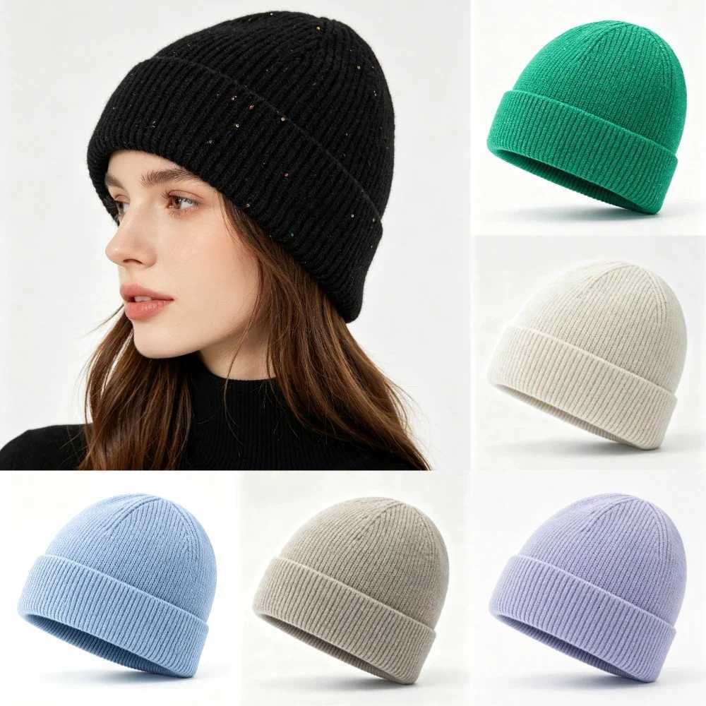 Beanie/Skull Caps New Womens Cuffed Ribbed Knit Beanie Hat Speckled Glitter Decorative Winter Hat Elegant StreetStyle Fall Winter HatsT261017