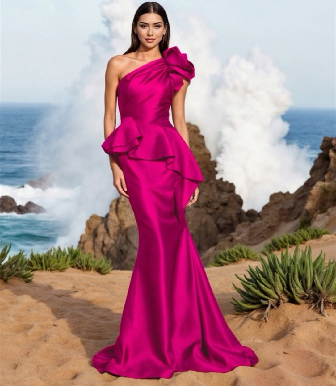 Elegant Long Fuchsia Evening Dresses with Ruffles Mermaid Satin Pleated Zipper Back Sweep Train Formal Occasion Prom Party Gowns for Women