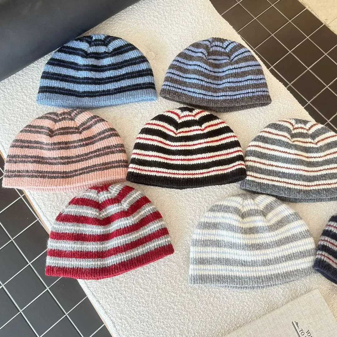 Beanie/Skull Caps Women Korean Style Wool Blend Striped Knit Beanie Autumn Winter Color Block Soft Knitted Cold Hat Warm Pullover Beanie CapT261017