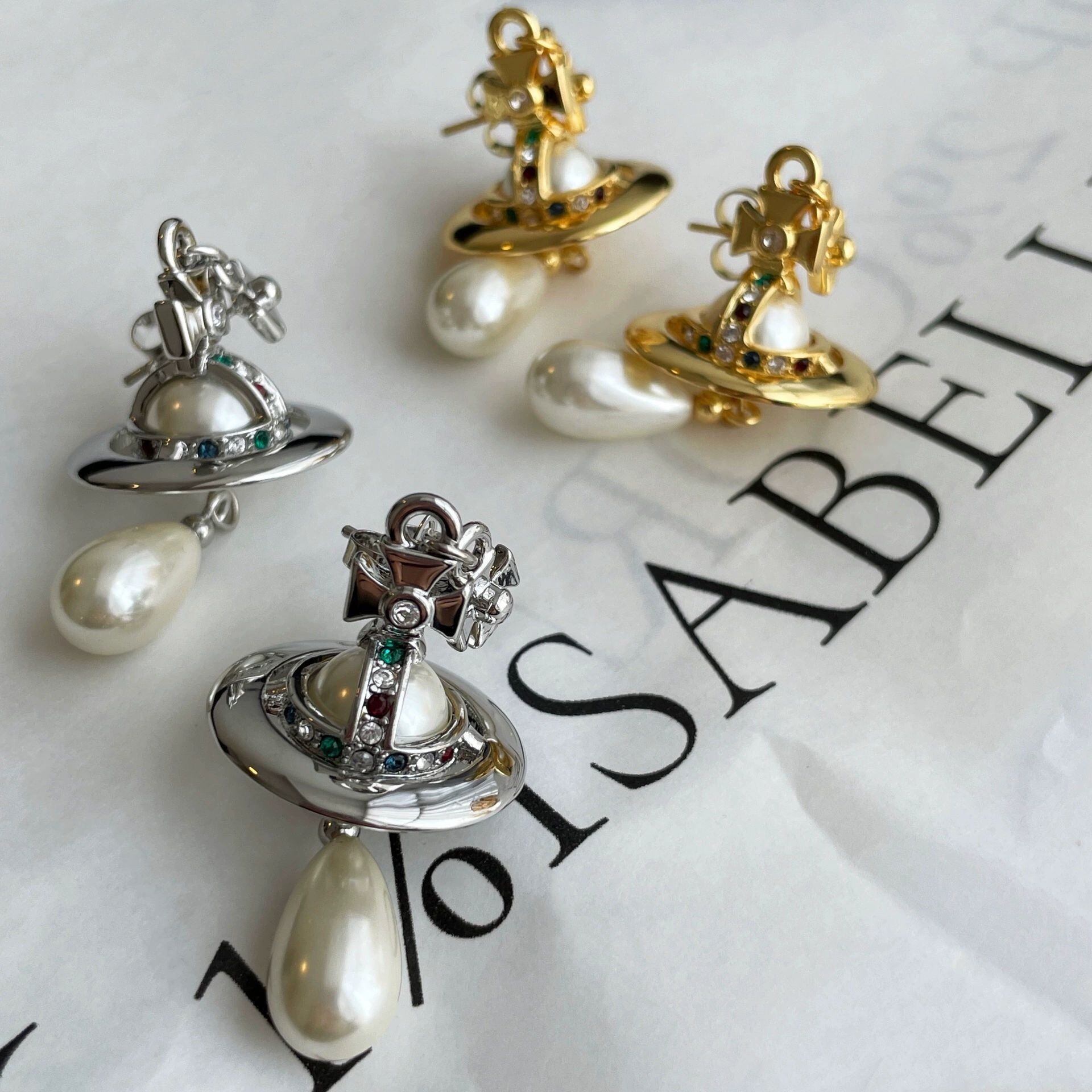 earrings Xijia UFO Engraved Earrings, Gold and Silver Color Diamond Short Water Drop Pearl Saturn Stud Earrings for Women